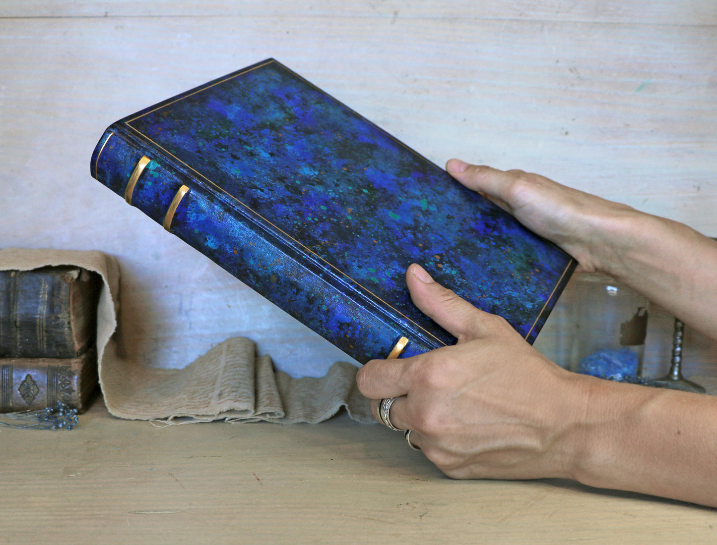 Blue leather journal with hand marbled decoration - Ocean Waves