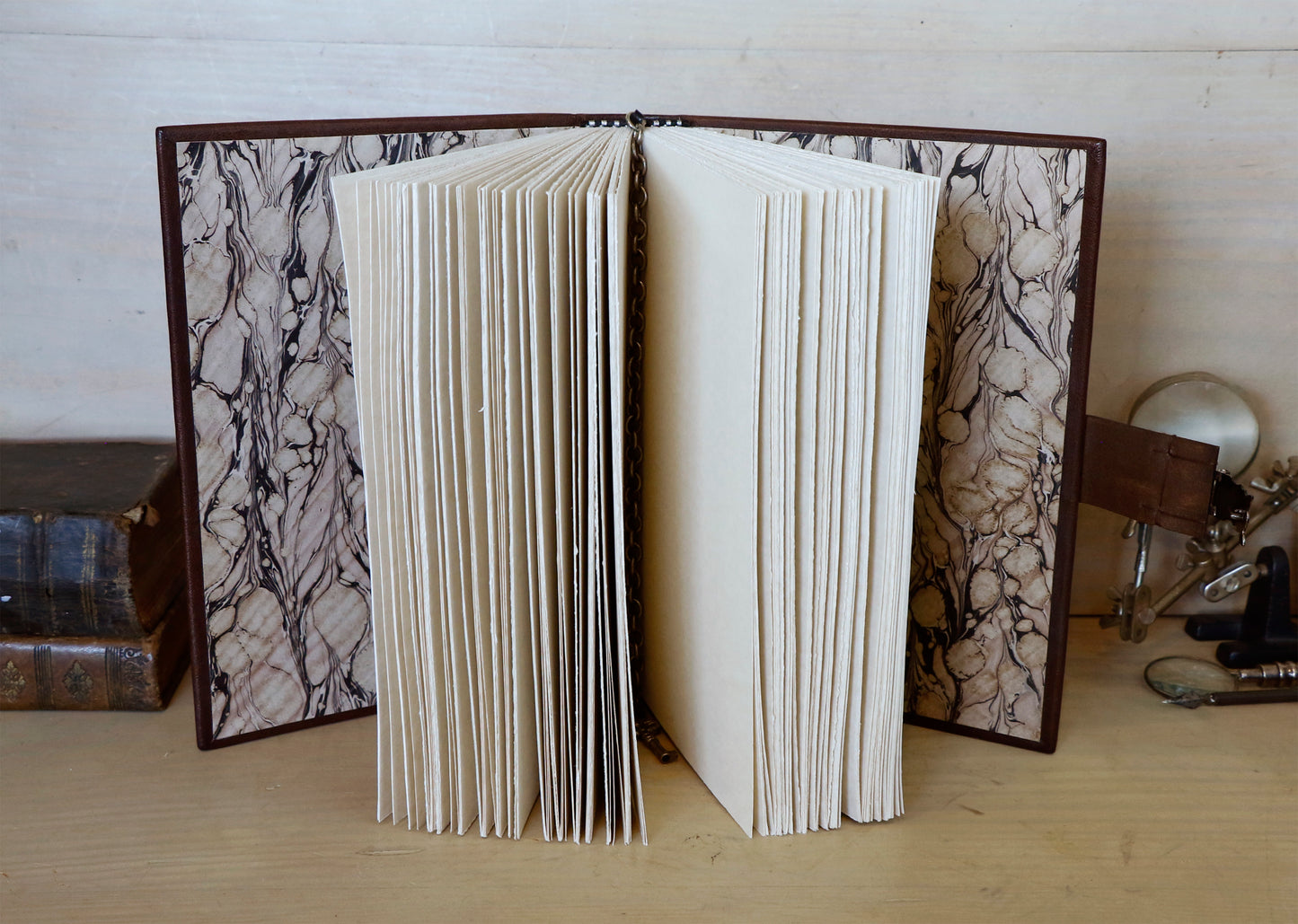 Journal with Lock and Key, Antique Brown Leather with Silver decoration - Codex Argentum