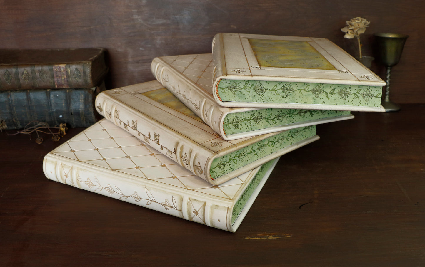 Natural leather journal with tooled decoration and hand painted edges - Lattice of Dreams