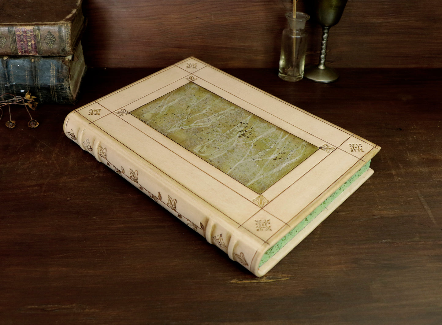 Natural leather journal with tooled decoration and hand painted edges - The Green Garden