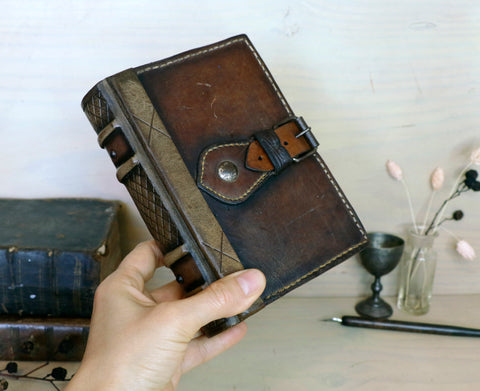 Worn Leather Journal, Reclaimed vintage brown leather with belt, tea stained pages. Secret Travel