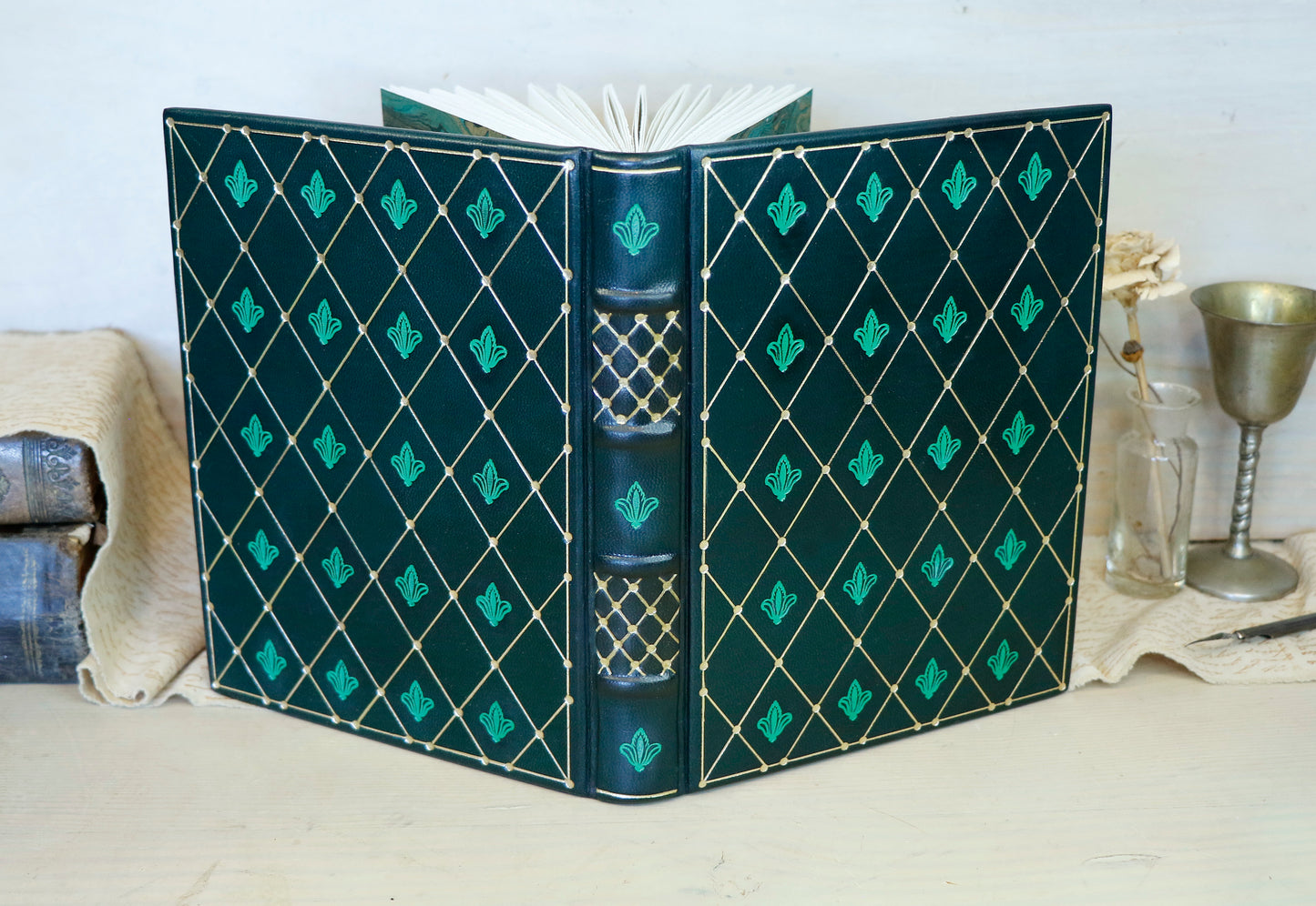 Dark Green Leather Journal with gold and green tooled decoration. Emerald Garden