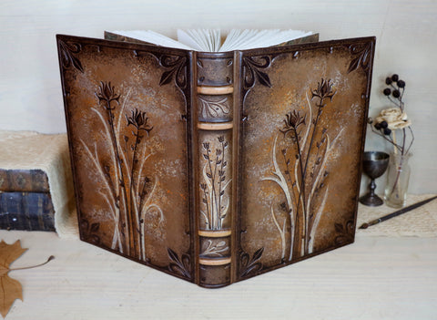 Brown Leather Journal with floral decoration. Before Sunset. One of a Kind