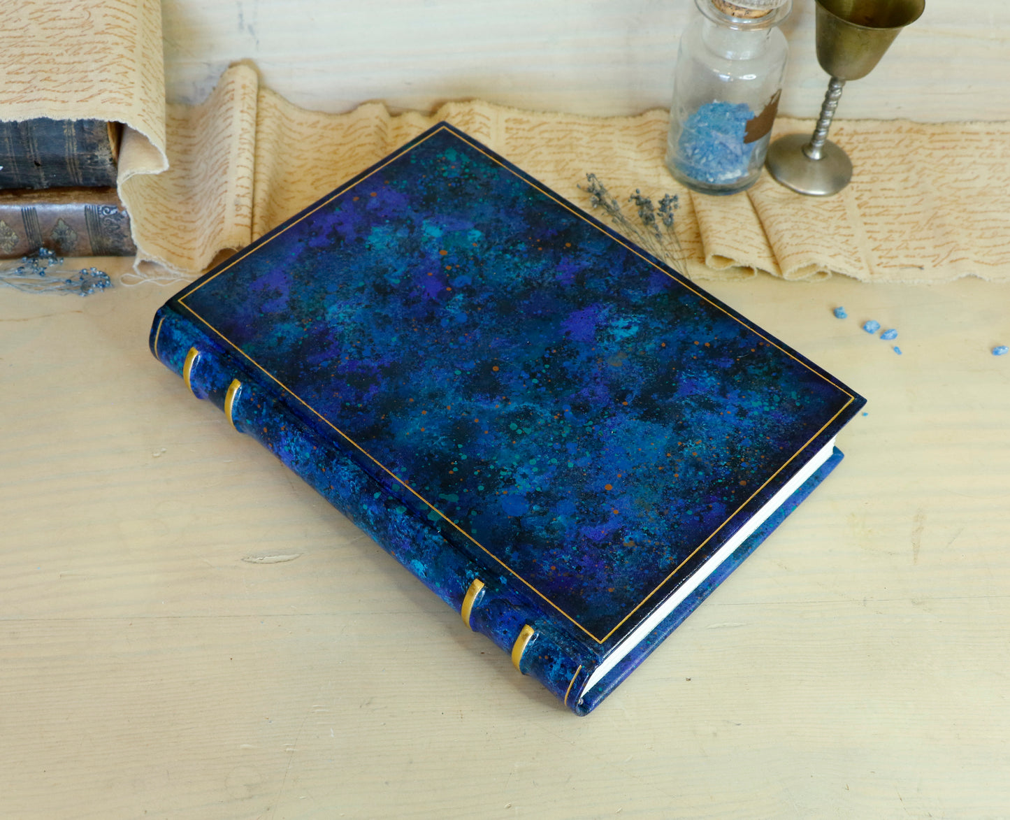 Blue leather journal with hand marbled decoration - Ocean Waves