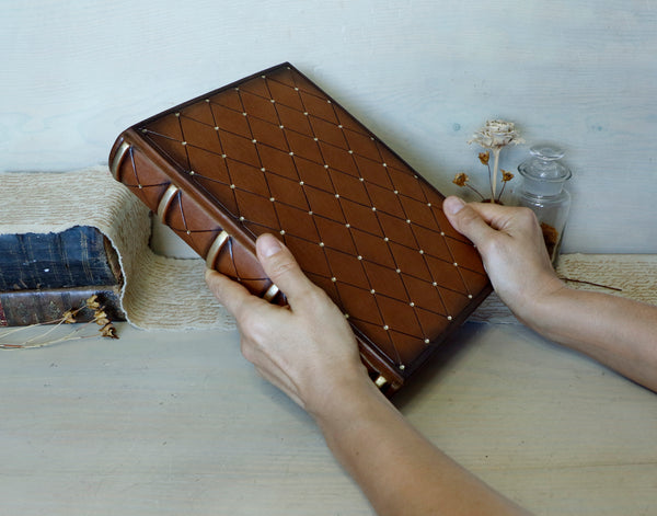 Brown Red Leather Journal with Gold Decoration, Antiqued leather notebook - Sienna Sunset