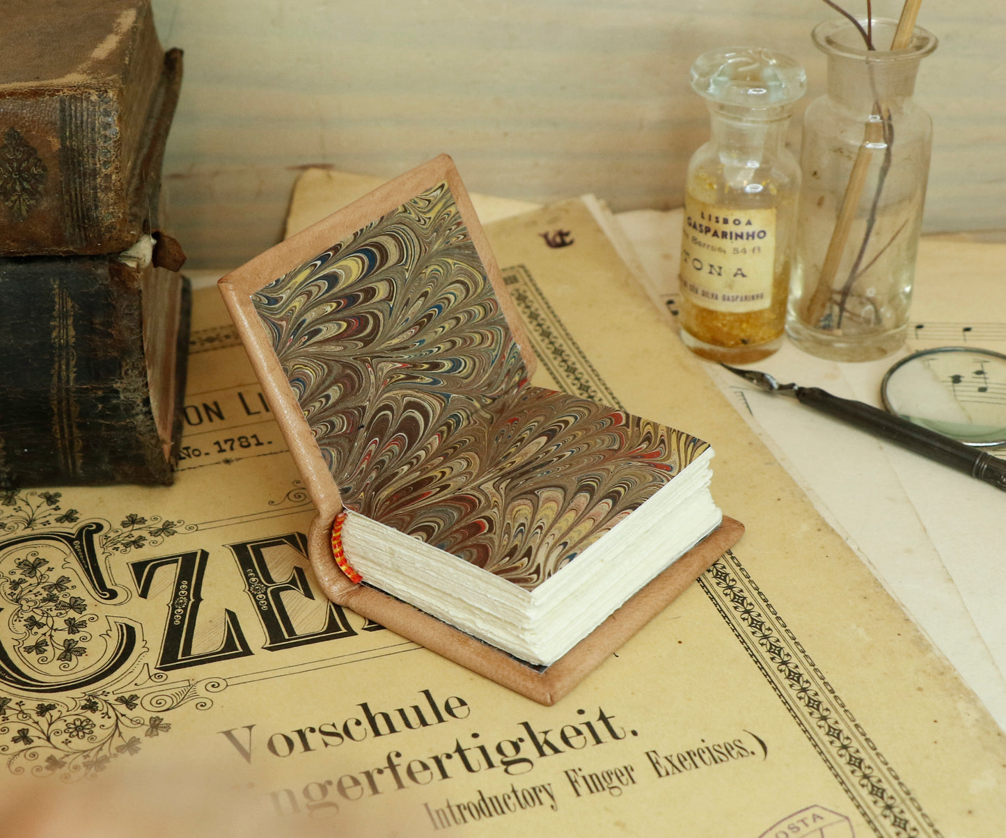 Miniature leather journal, Natural leather, tooled decoration