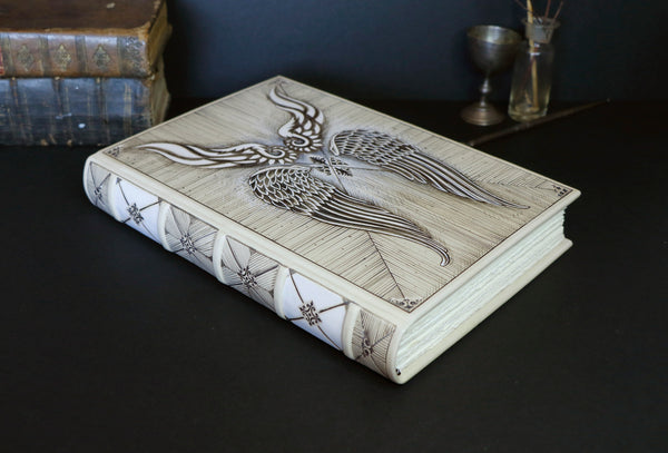Ivory Leather Journal, Magic Book with tooled and hand painted decoration - Angelic Journal