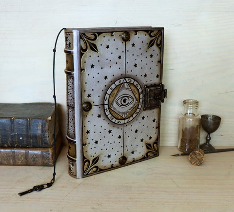 Metallic grey leather journal with tooled decoration, Lockable. The Circle of Time