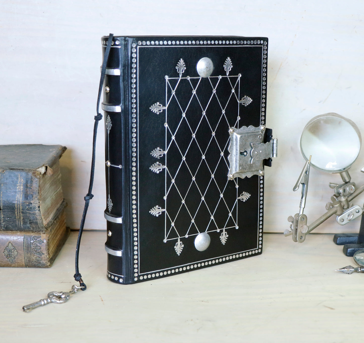 Journal with Lock and Key, Black Leather, Medium Size - "The Silver Cipher"
