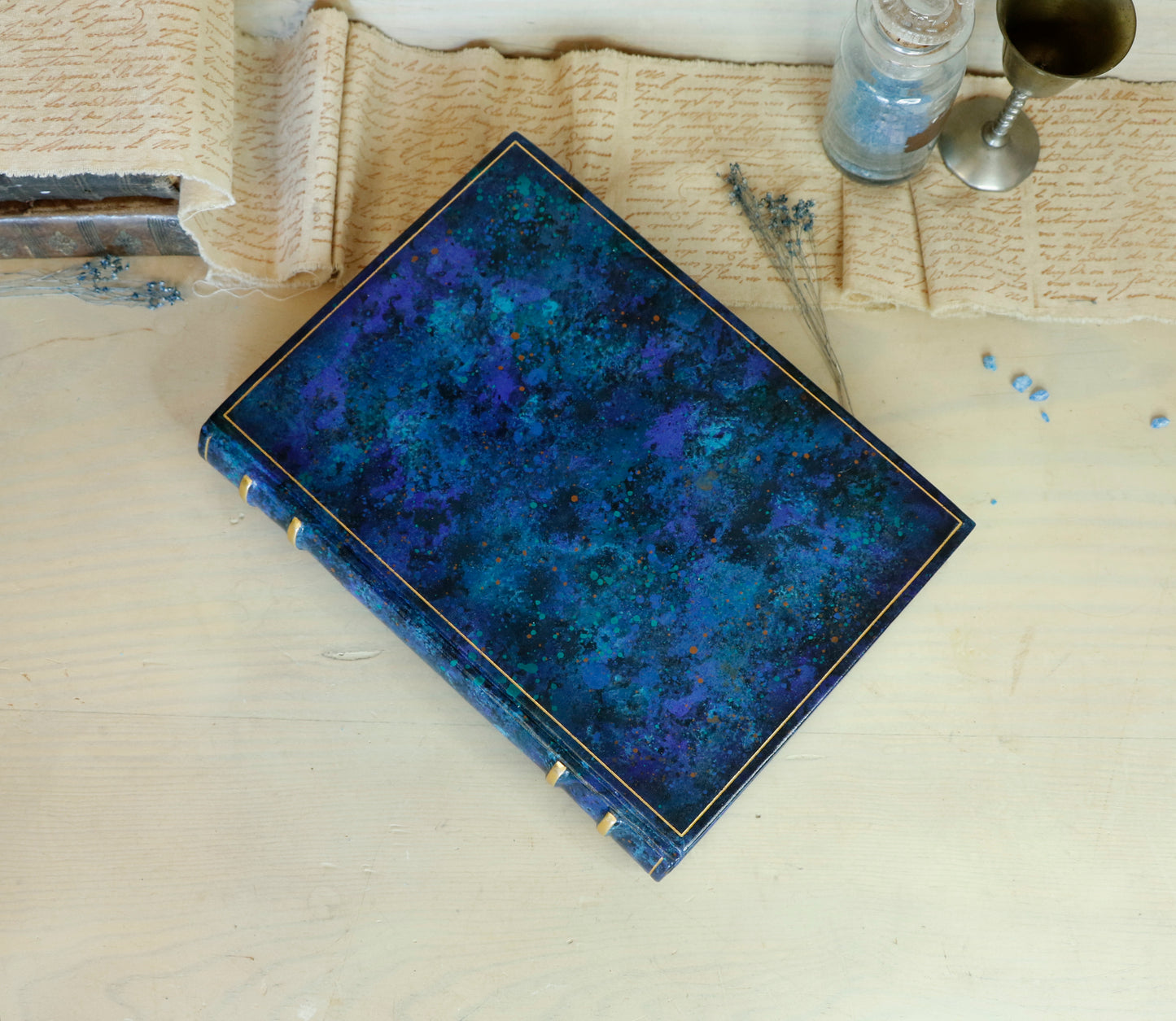 Blue leather journal with hand marbled decoration - Ocean Waves