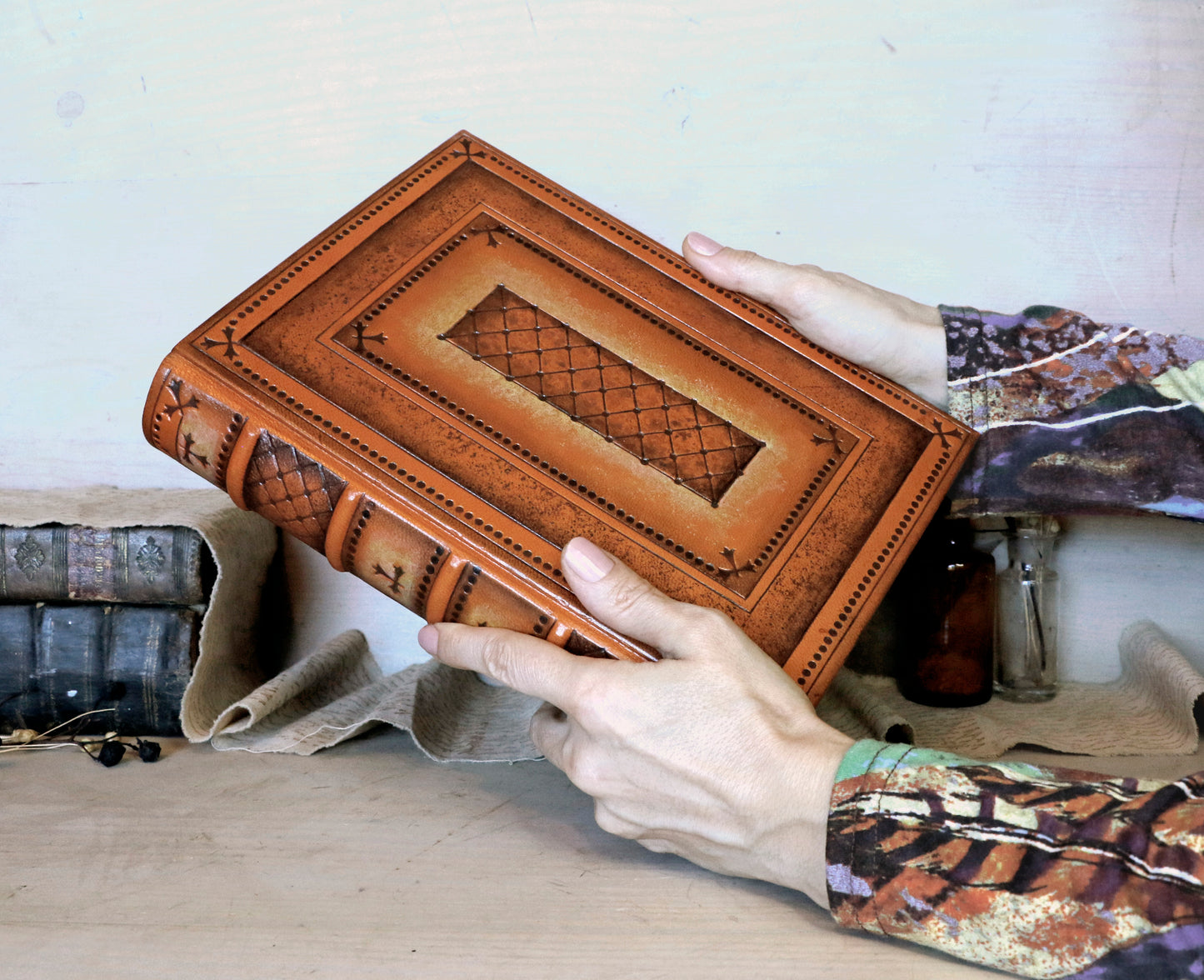 Orange and Brown Leather Journal with hand tooled decoration - Copper Shine