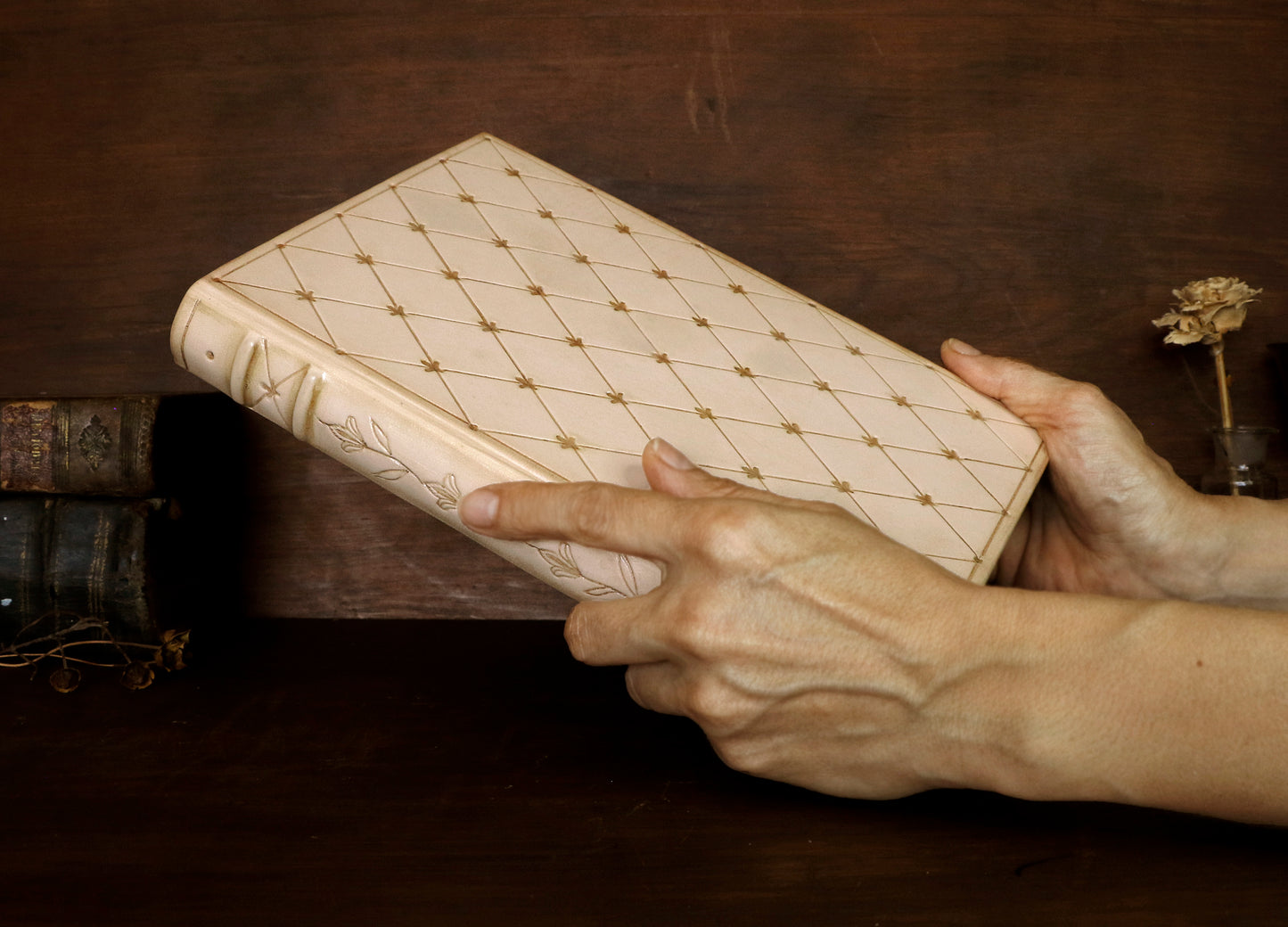 Natural leather journal with tooled decoration and hand painted edges - Lattice of Dreams