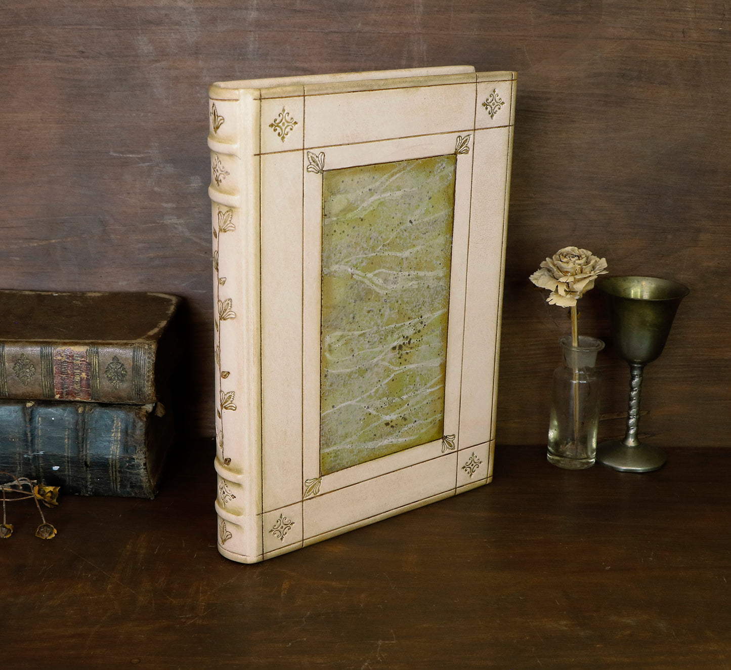 Natural leather journal with tooled decoration and hand painted edges - The Green Garden