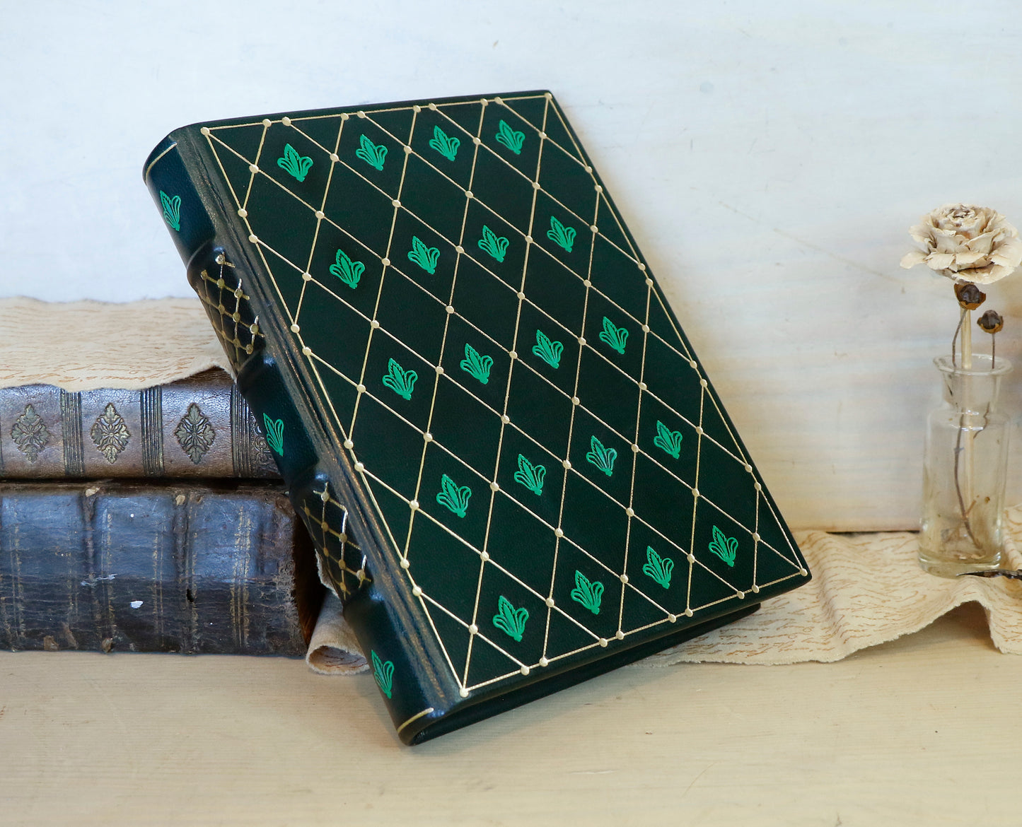 Dark Green Leather Journal with gold and green tooled decoration. Emerald Garden