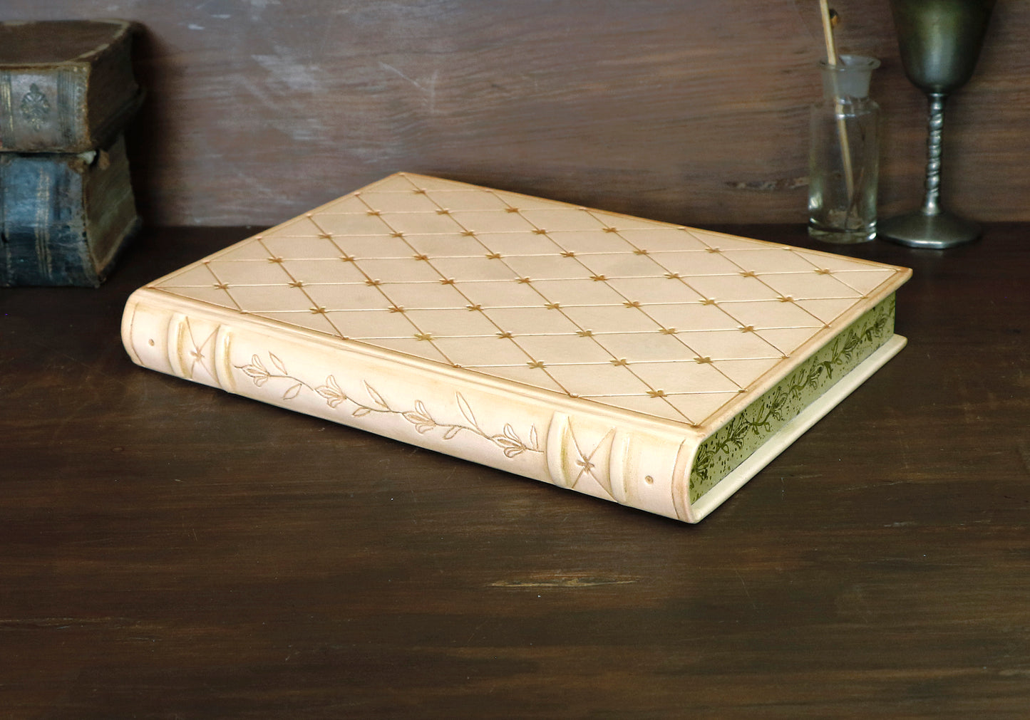 Natural leather journal with tooled decoration and hand painted edges - Lattice of Dreams