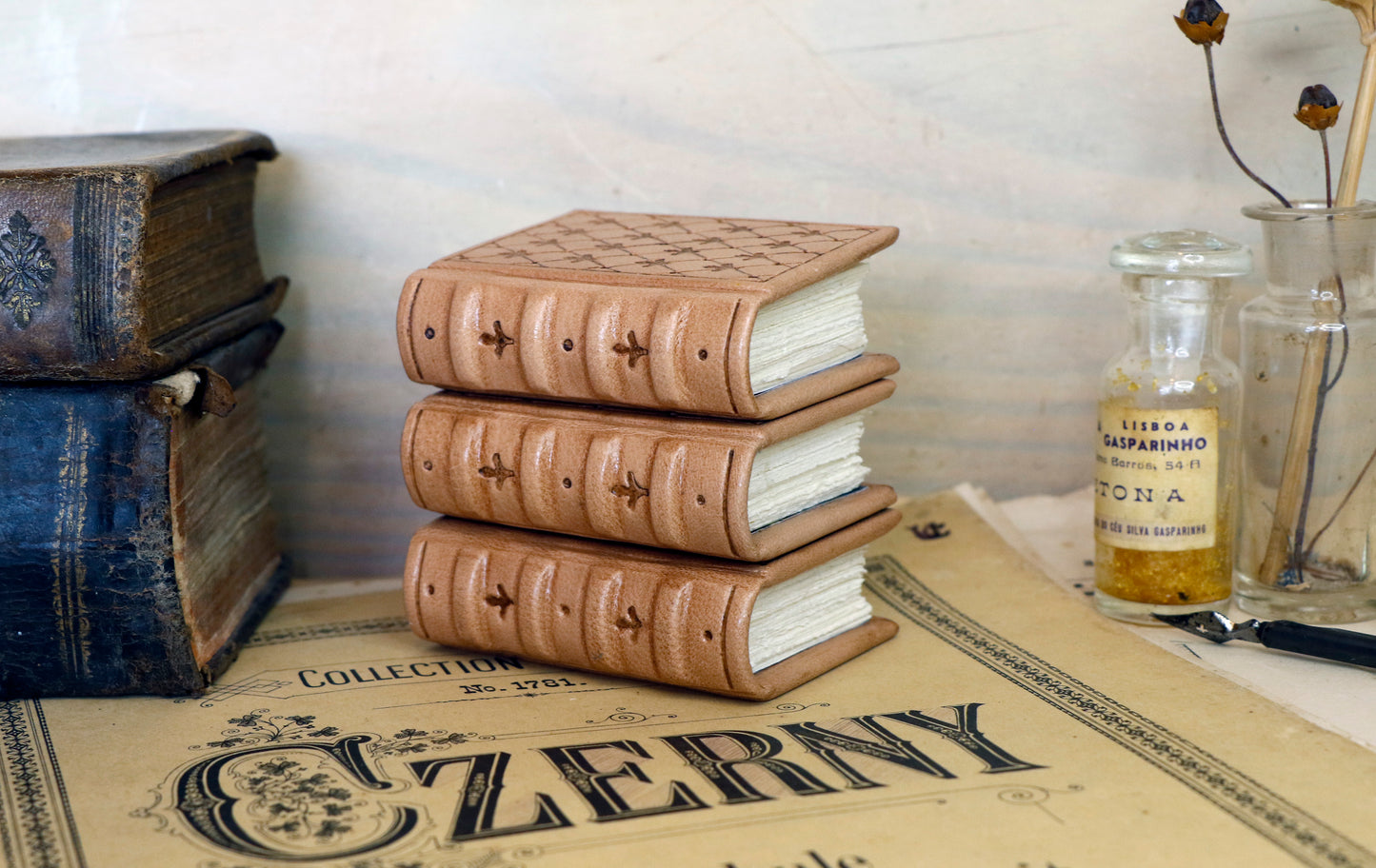 Miniature leather journal, Natural leather, tooled decoration