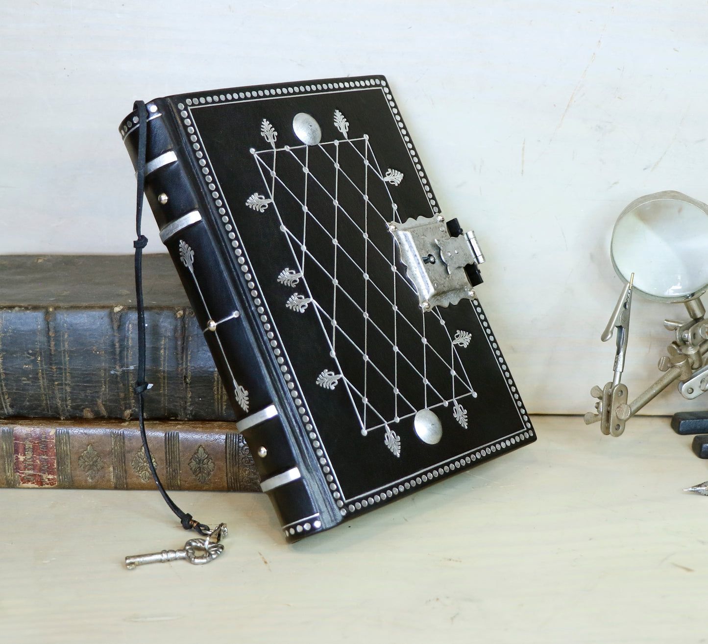 Journal with Lock and Key, Black Leather, Medium Size - "The Silver Cipher"