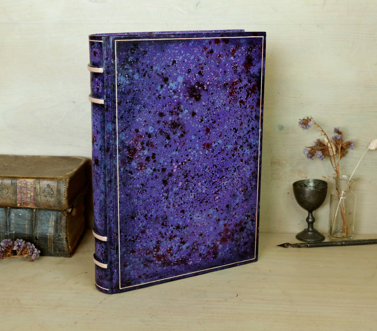 One of a kind purple leather journal with handpainted decoration - Echoes of the Universe