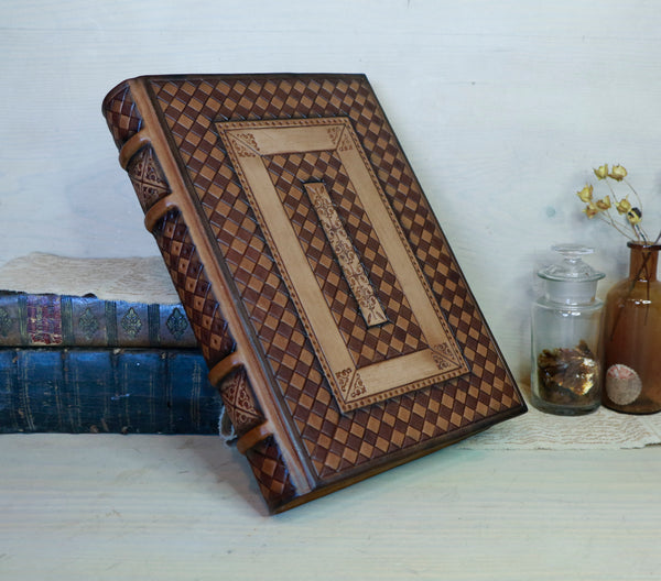 Brown Leather Journal / Large Blank Book, Tooled Decoration - The Mystery Book