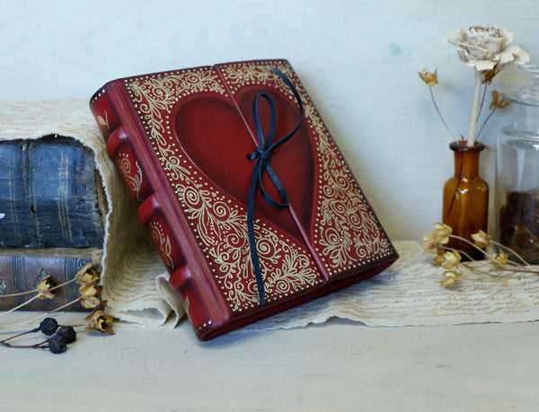 Heart Book - Red Leather Journal with gold tooled decoration - "With Love"