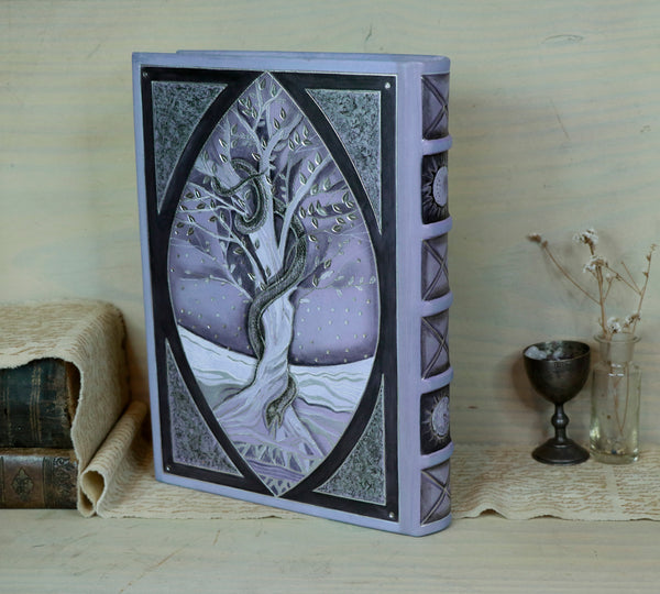 "Tree of Life and Tree of Knowledge" leather journal, light purple leather with silver tooled and white decoration