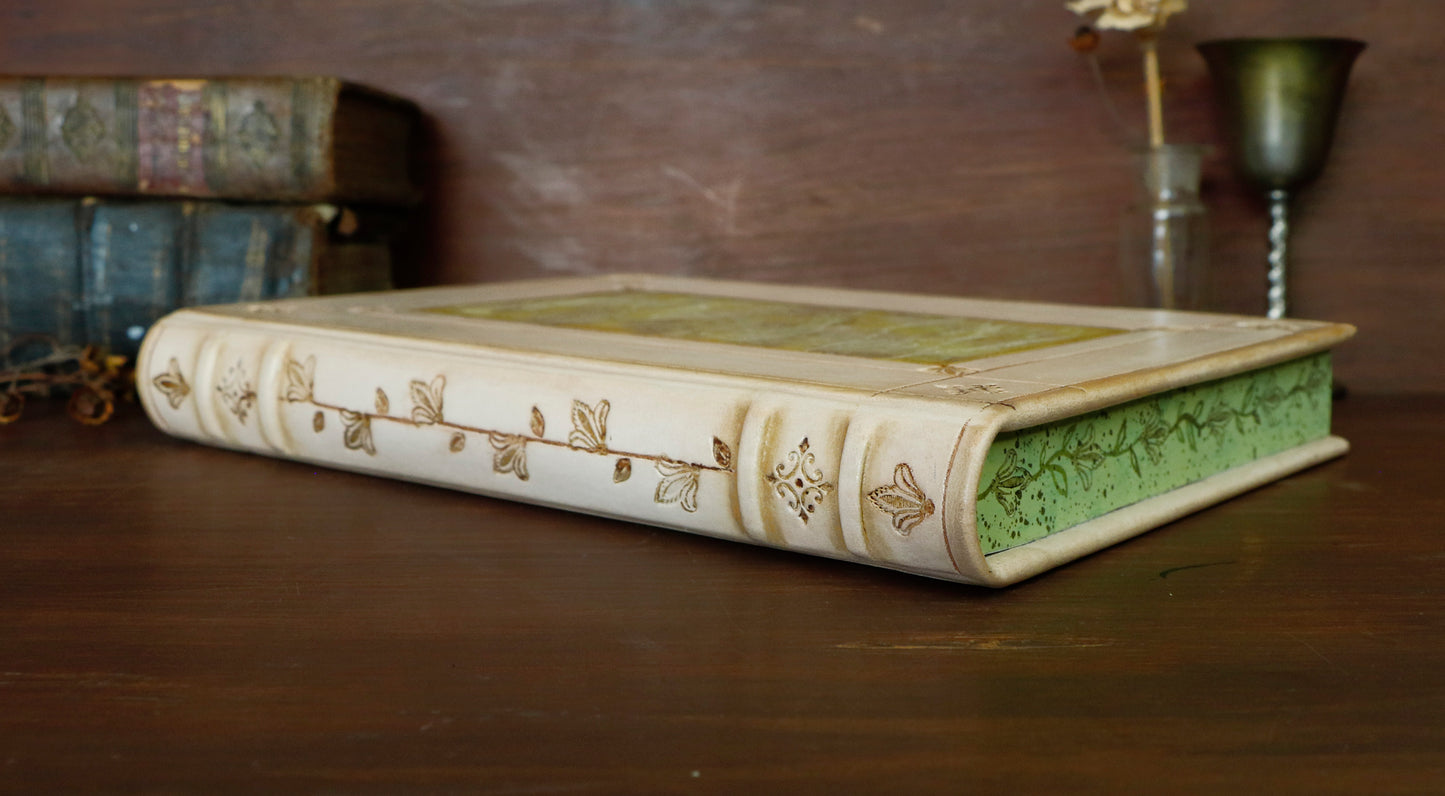 Natural leather journal with tooled decoration and hand painted edges - The Green Garden