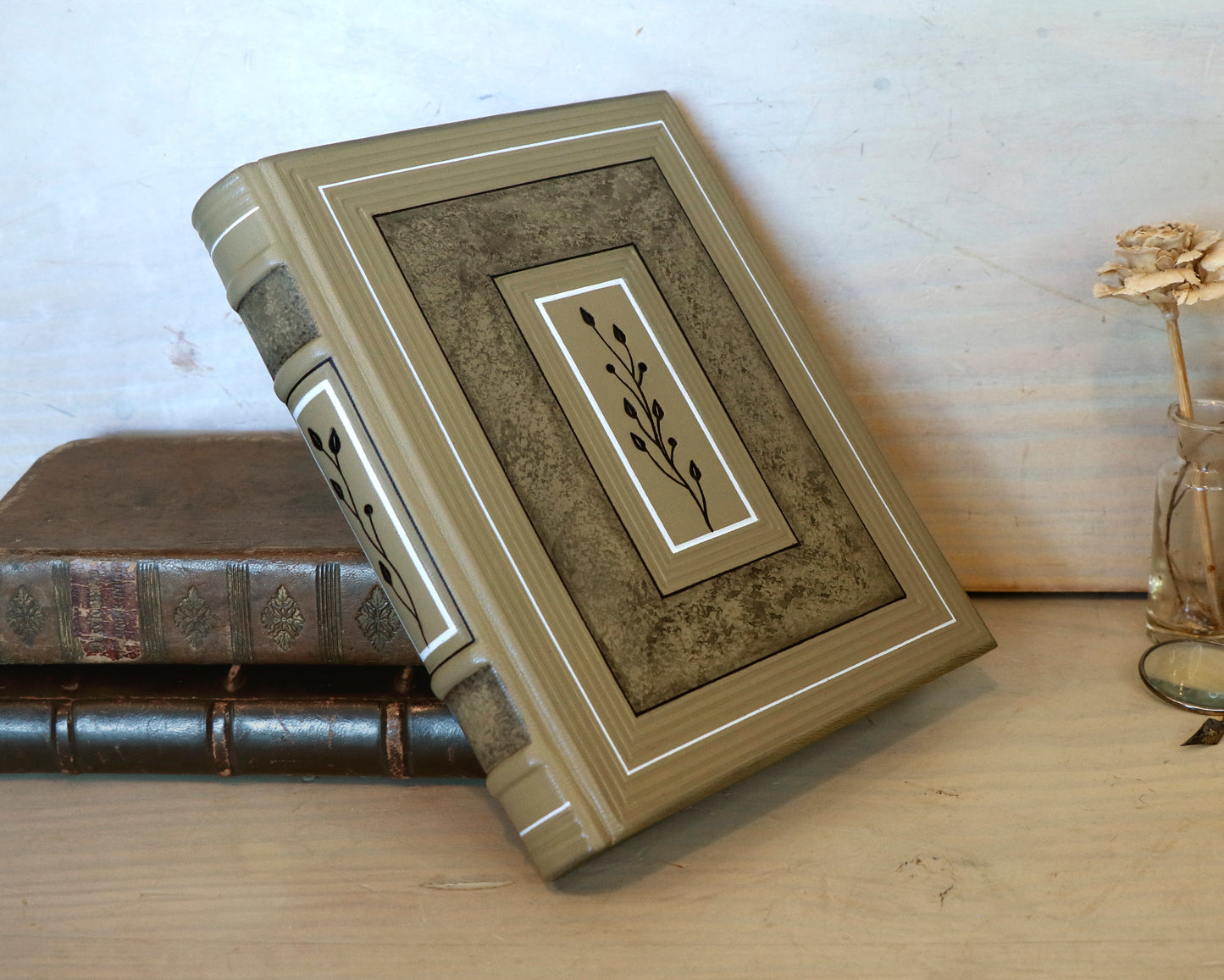 Beige leather journal with tooled floral decoration. Echoes of Earth. One of a kind.