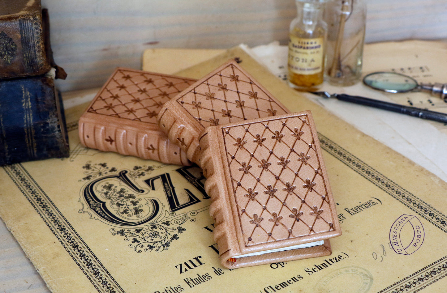 Miniature leather journal, Natural leather, tooled decoration