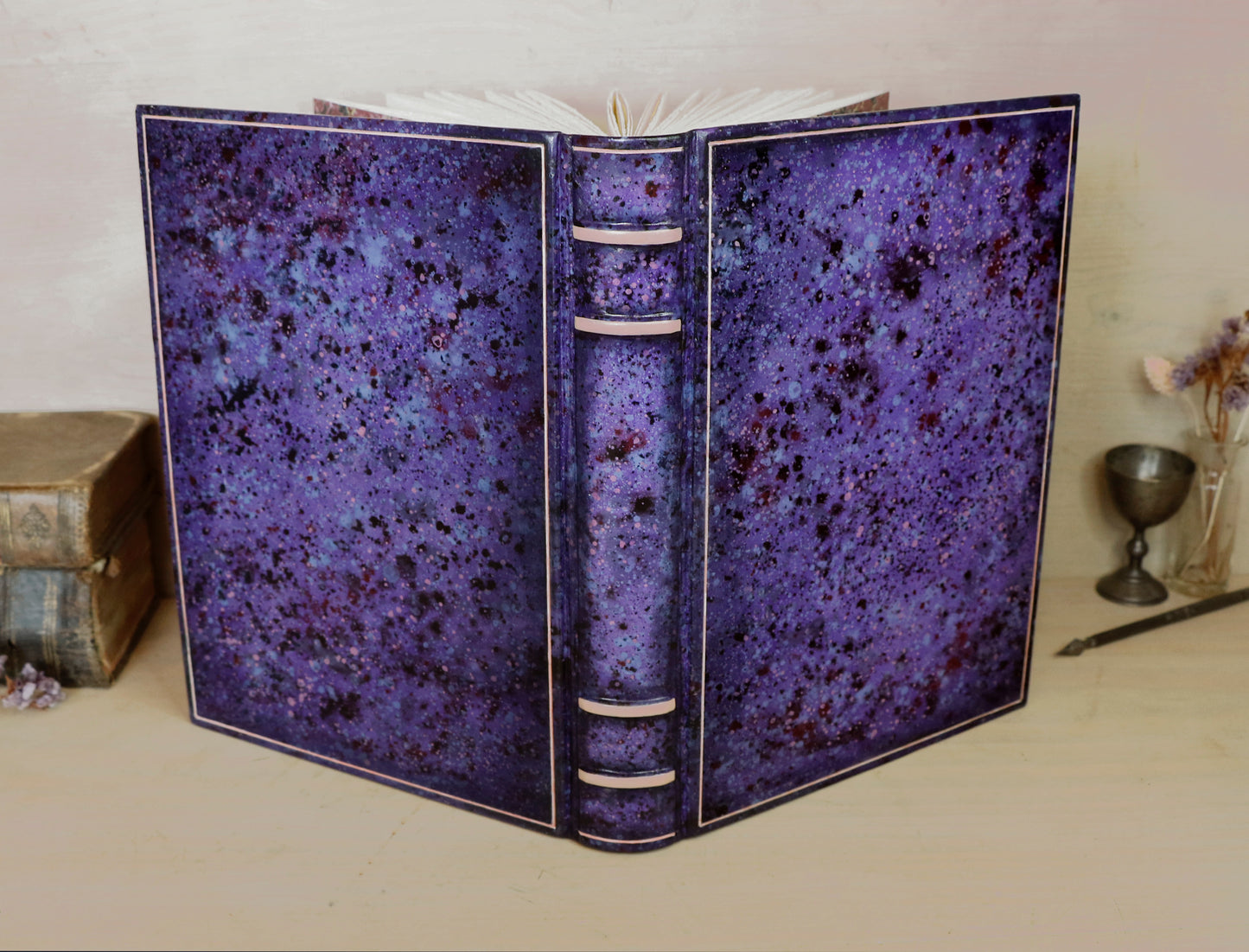 One of a kind purple leather journal with handpainted decoration - Echoes of the Universe