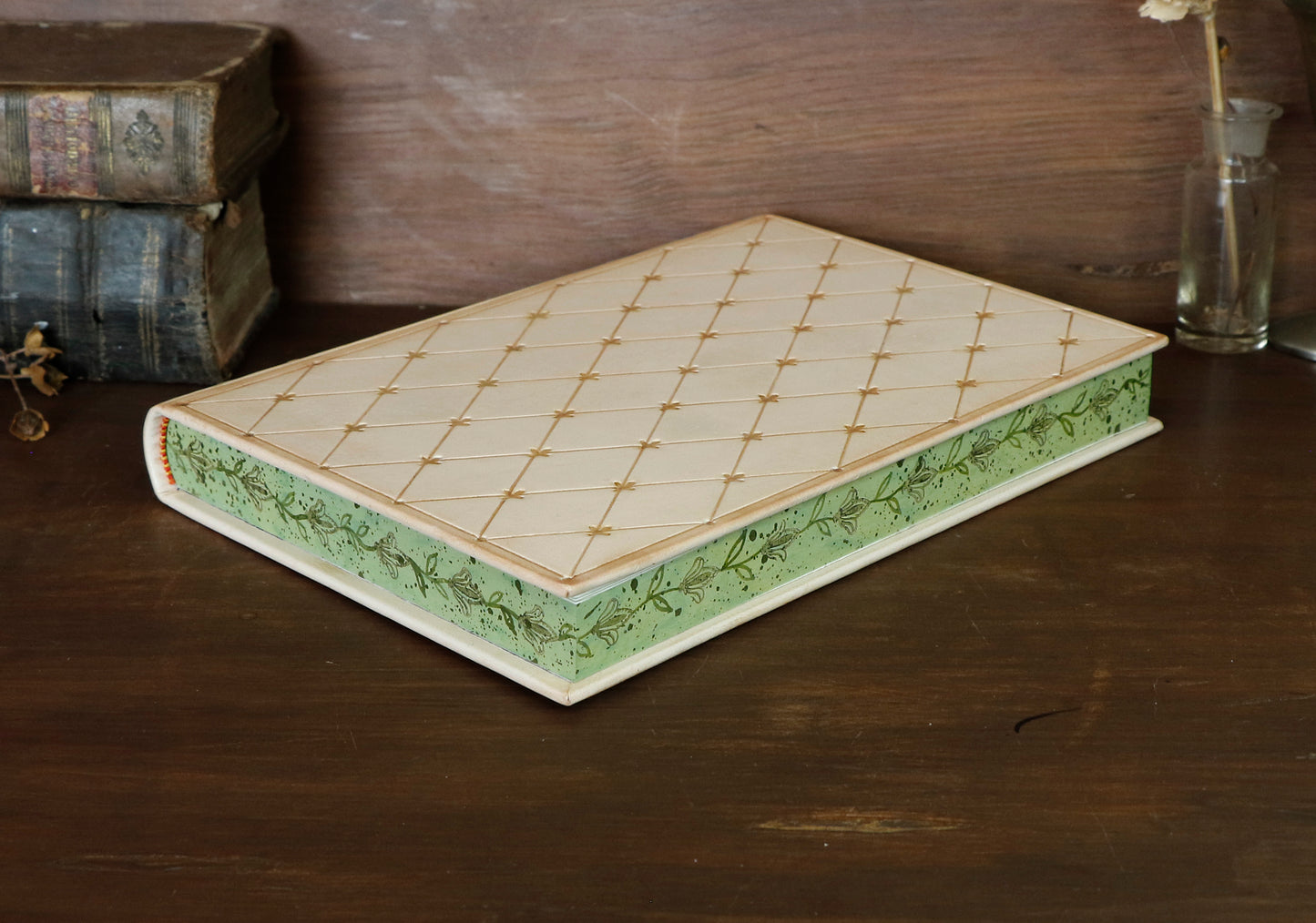 Natural leather journal with tooled decoration and hand painted edges - Lattice of Dreams