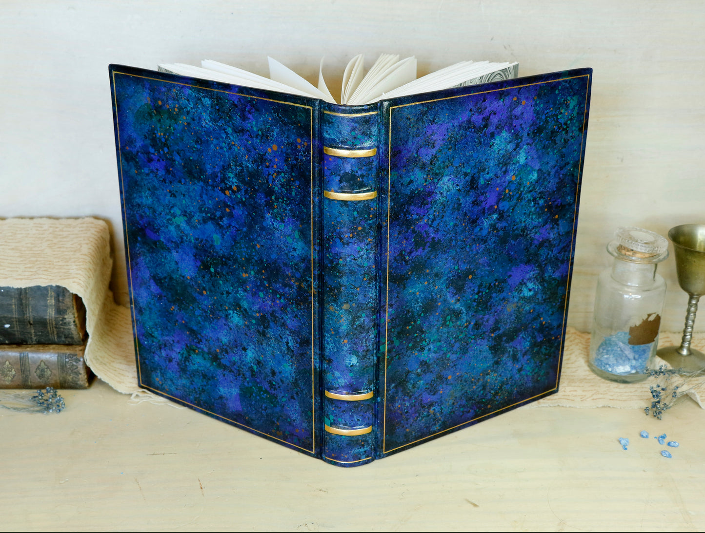 Blue leather journal with hand marbled decoration - Ocean Waves