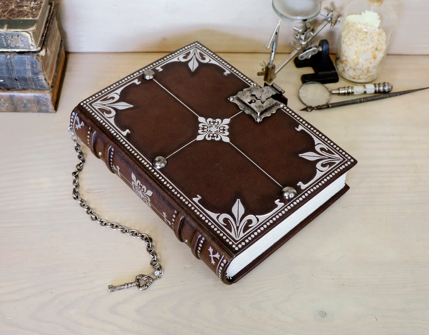 Journal with Lock and Key, Antique Brown Leather with Silver decoration - Codex Argentum