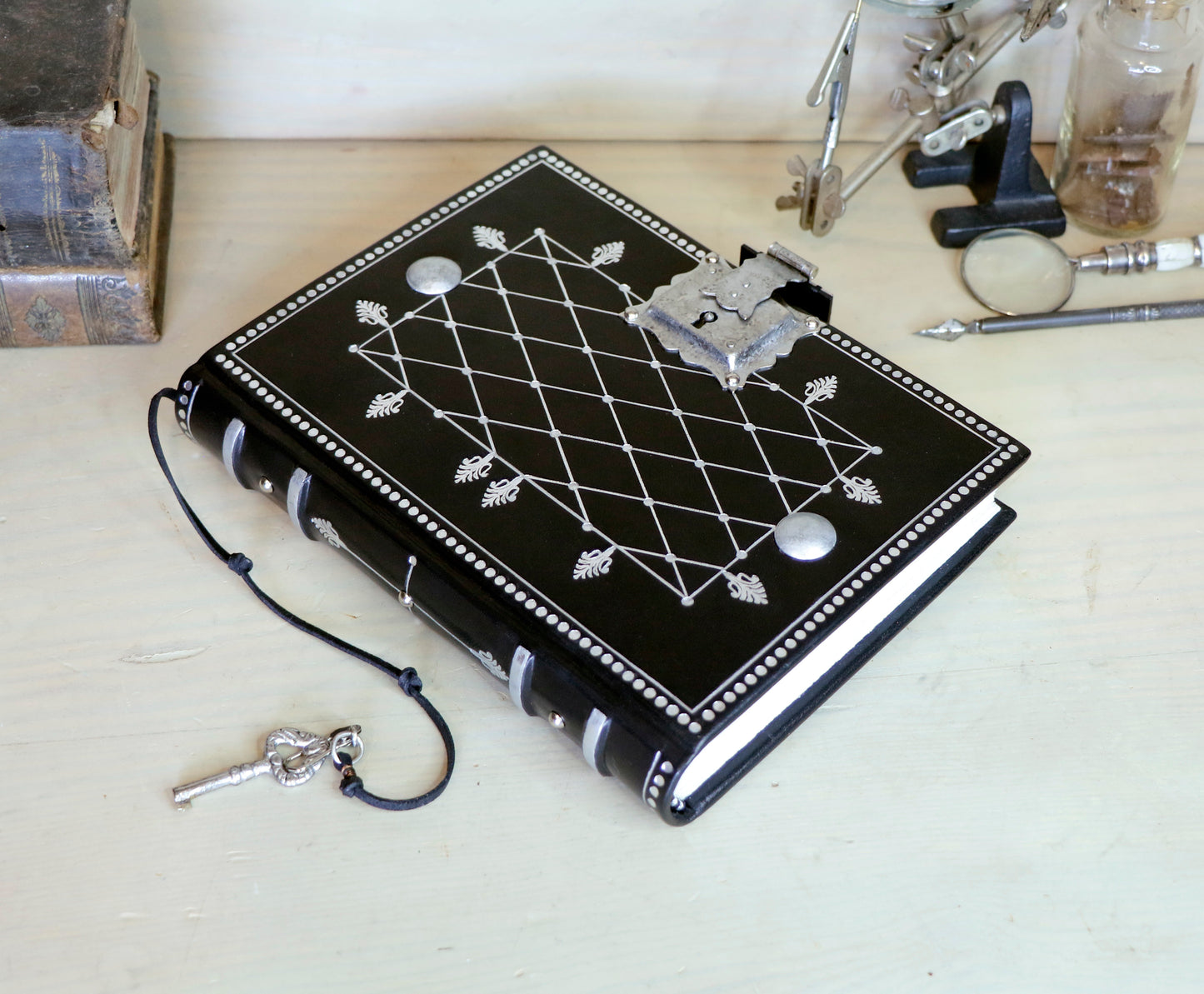 Journal with Lock and Key, Black Leather, Medium Size - "The Silver Cipher"