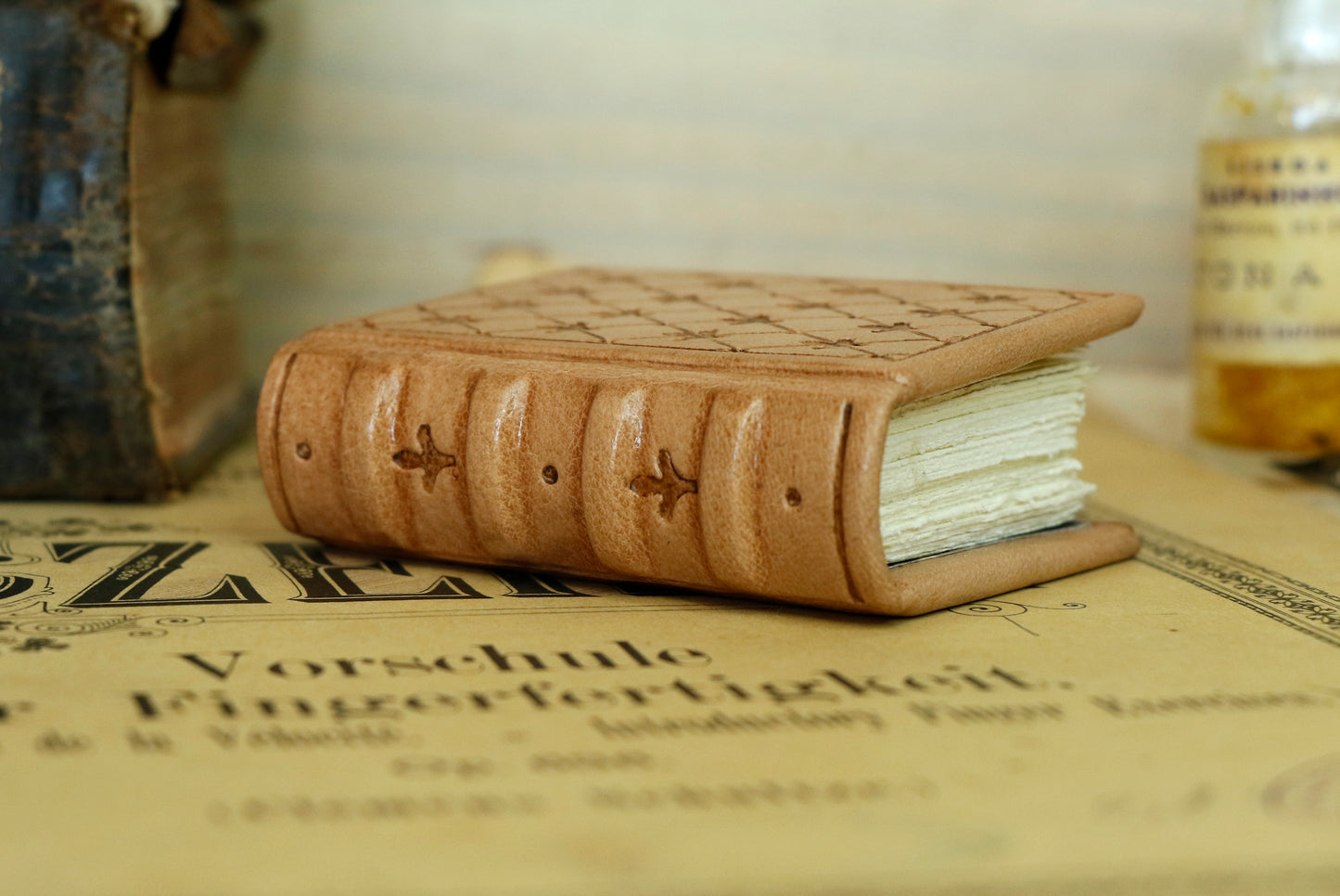 Miniature leather journal, Natural leather, tooled decoration