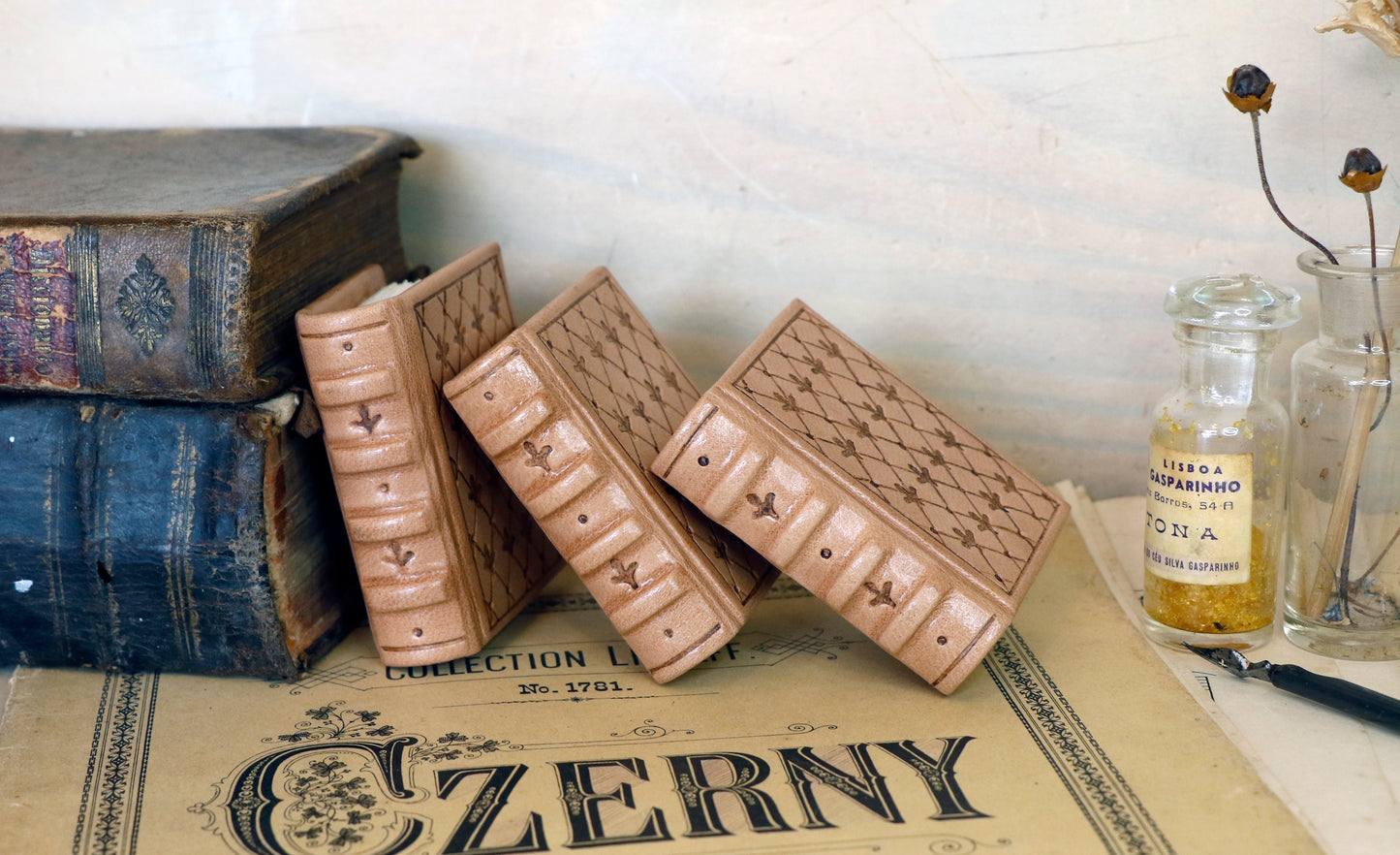 Miniature leather journal, Natural leather, tooled decoration