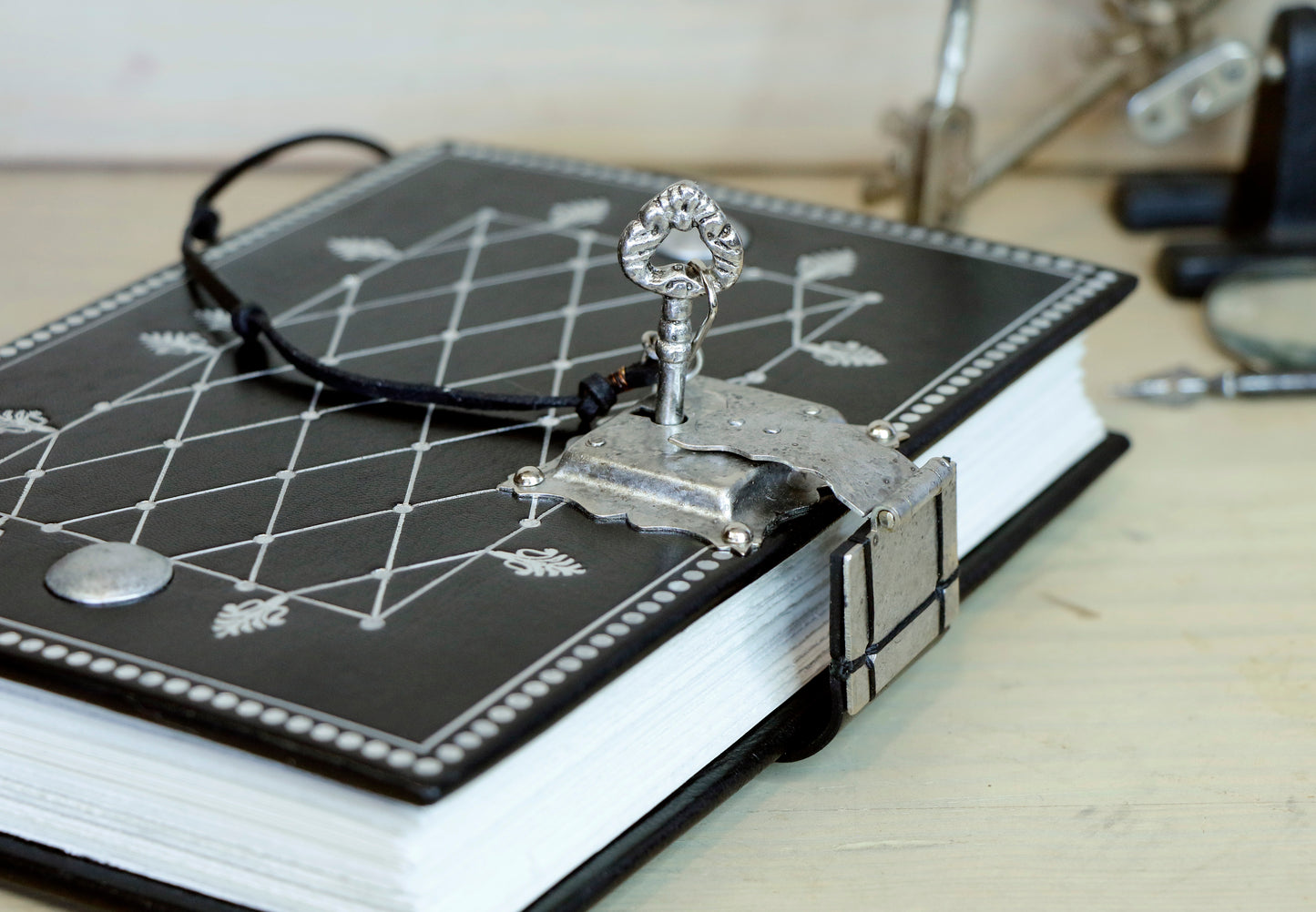 Journal with Lock and Key, Black Leather, Medium Size - "The Silver Cipher"