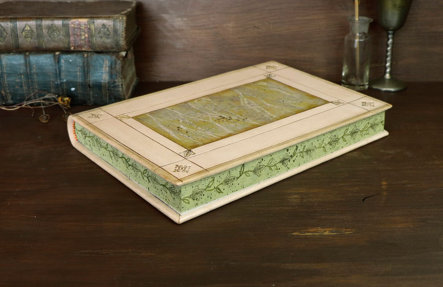 Natural leather journal with tooled decoration and hand painted edges - The Green Garden