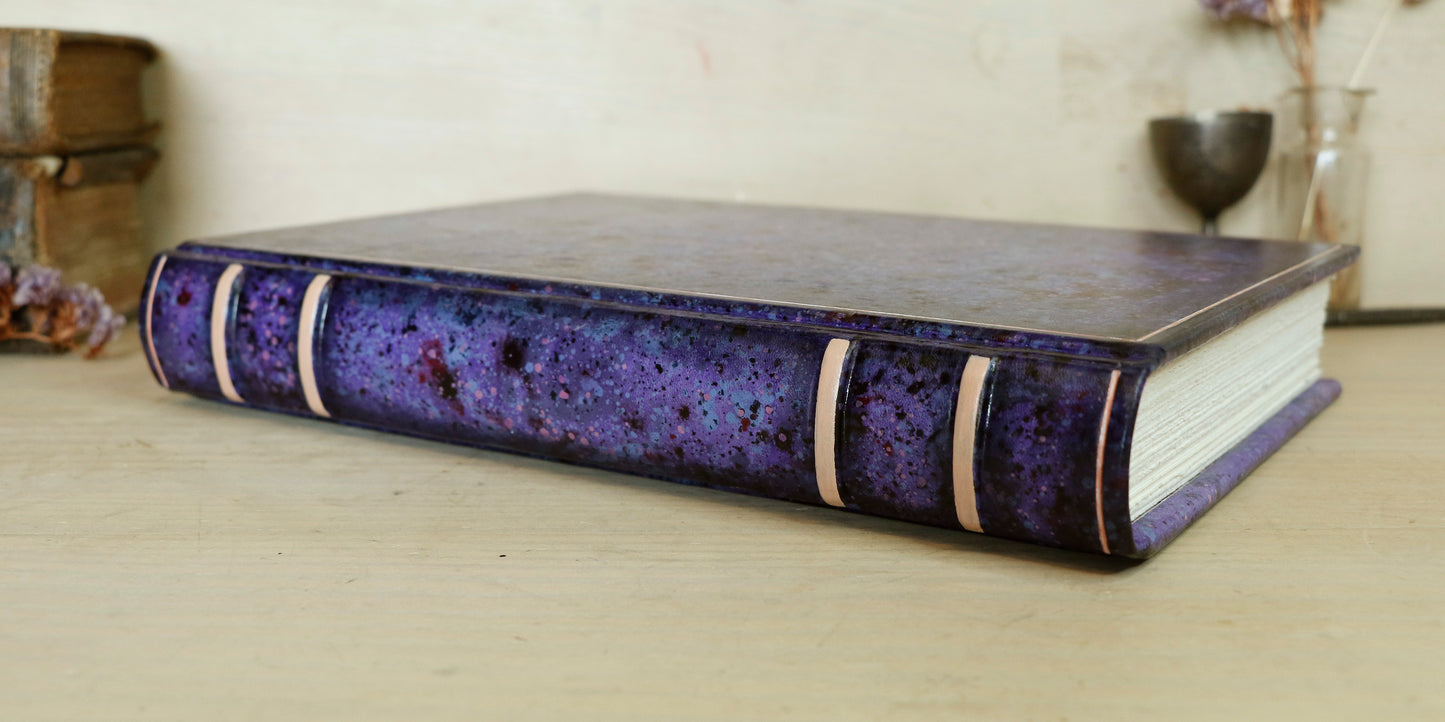 One of a kind purple leather journal with handpainted decoration - Echoes of the Universe