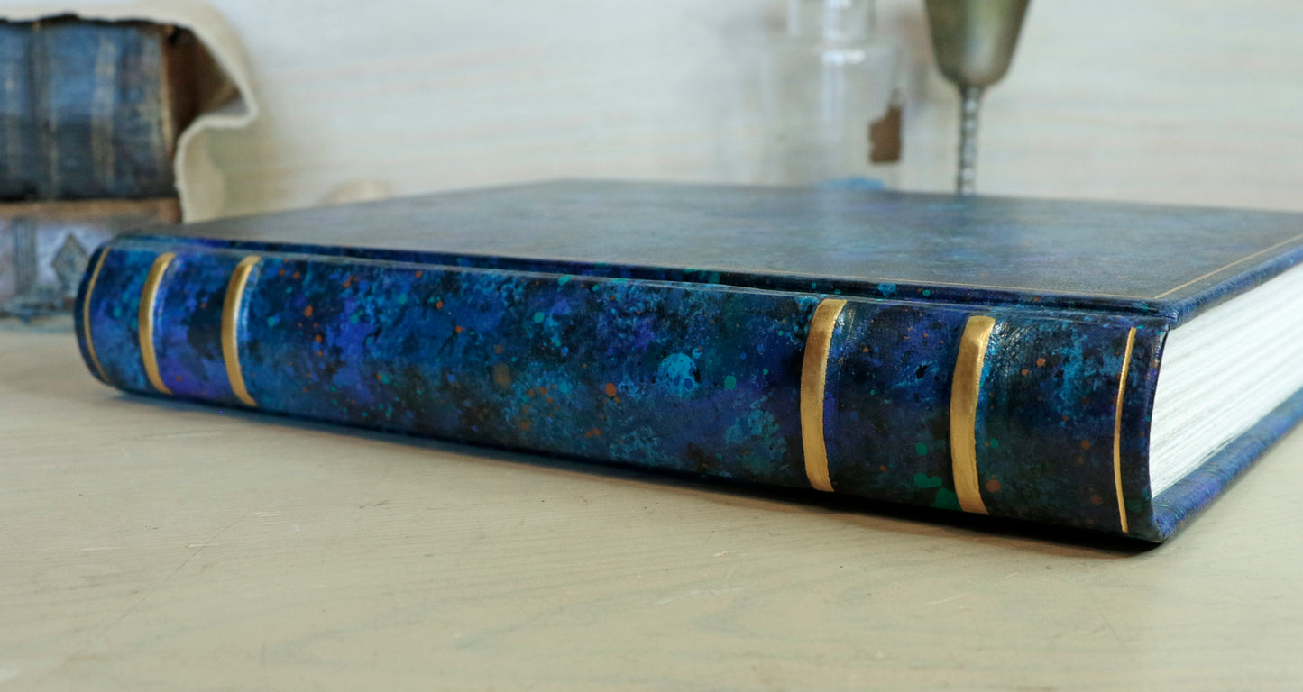 Blue leather journal with hand marbled decoration - Ocean Waves