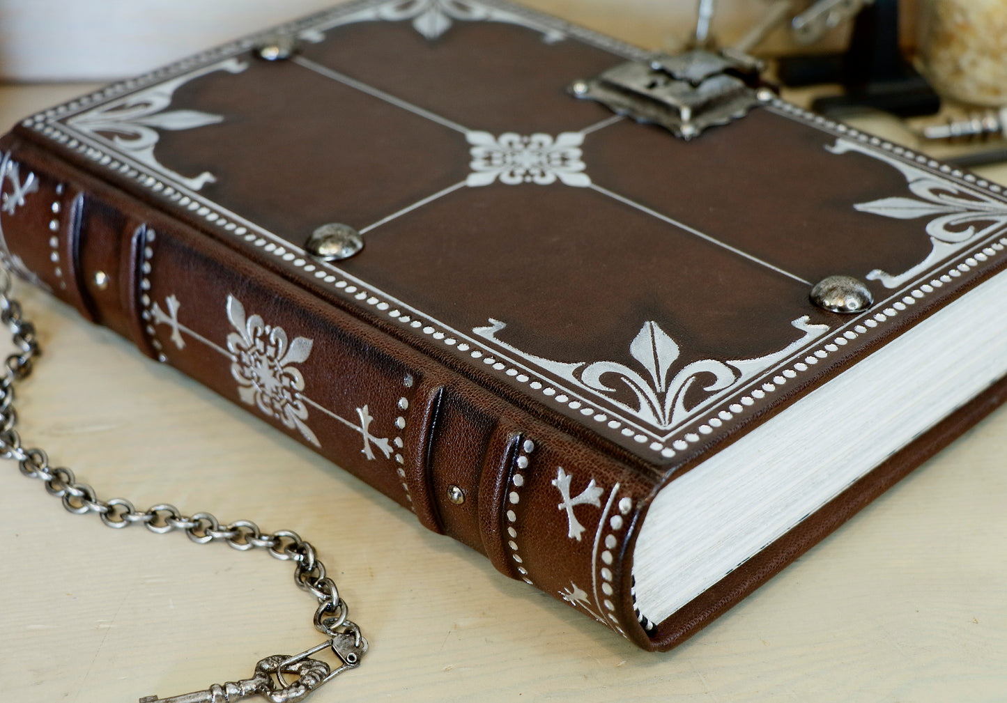 Journal with Lock and Key, Antique Brown Leather with Silver decoration - Codex Argentum