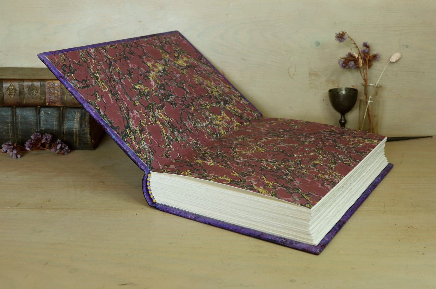 One of a kind purple leather journal with handpainted decoration - Echoes of the Universe