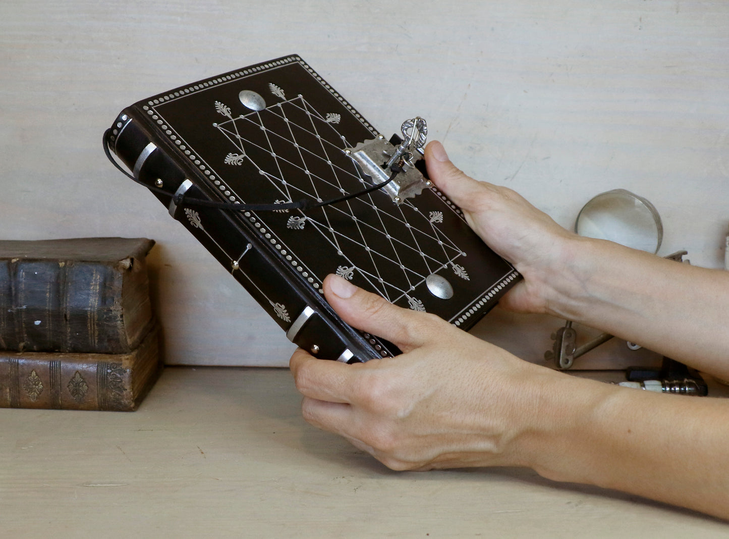 Journal with Lock and Key, Black Leather, Medium Size - "The Silver Cipher"