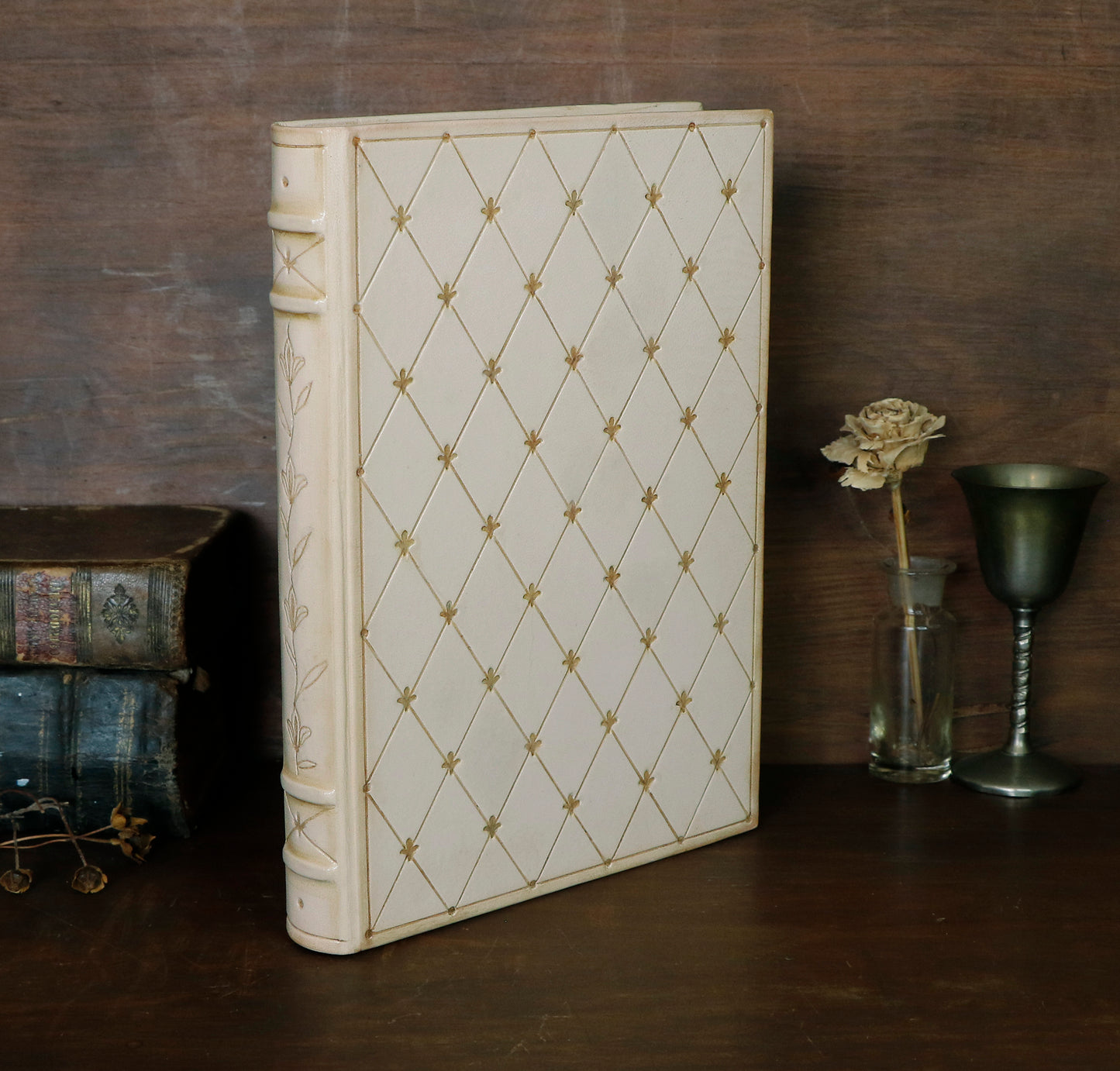 Natural leather journal with tooled decoration and hand painted edges - Lattice of Dreams