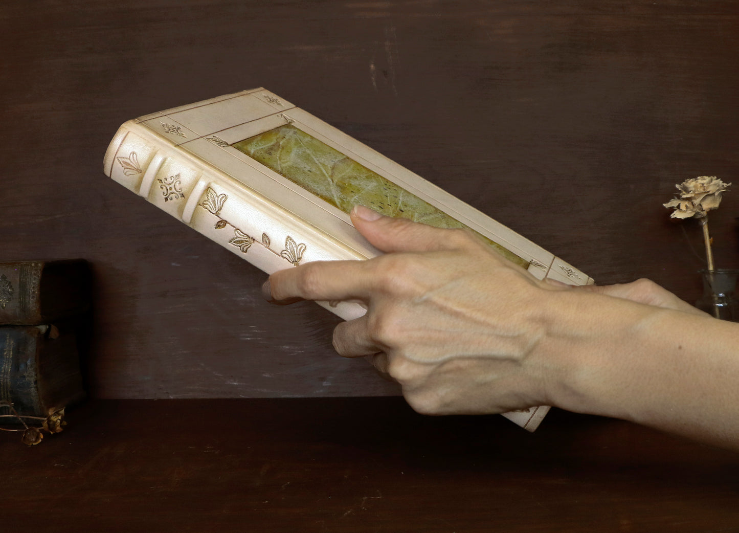 Natural leather journal with tooled decoration and hand painted edges - The Green Garden