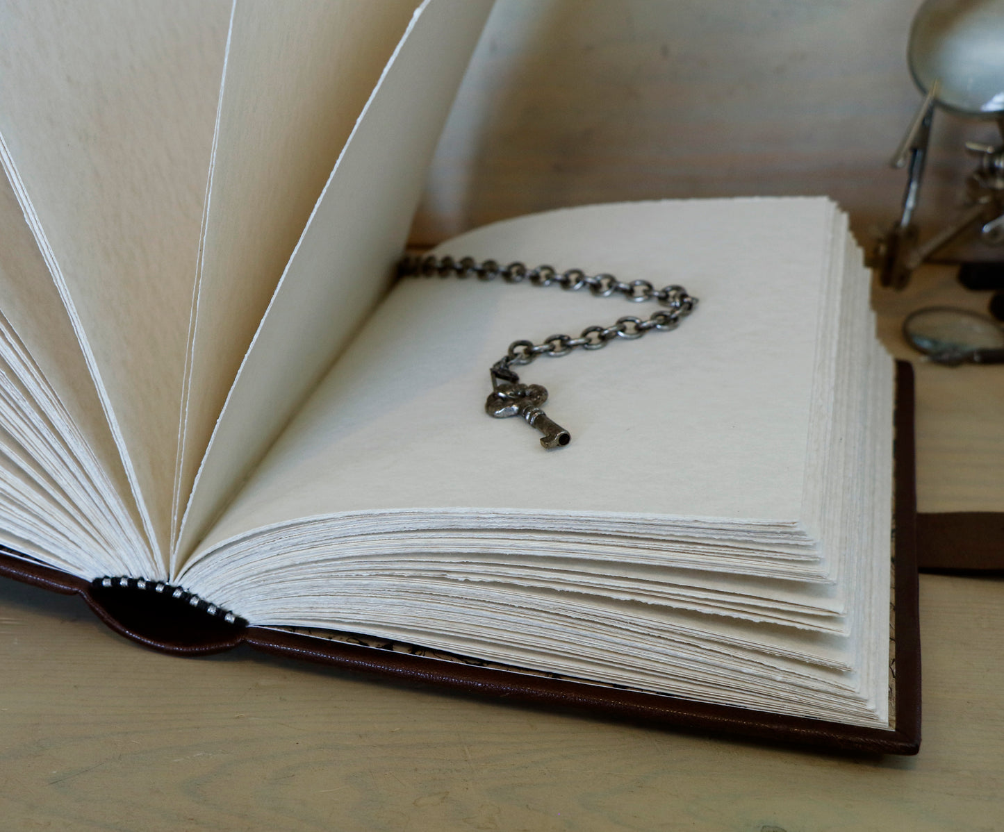 Journal with Lock and Key, Antique Brown Leather with Silver decoration - Codex Argentum