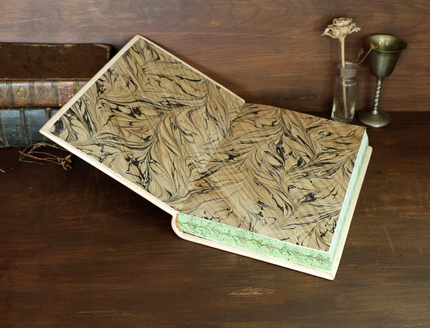 Natural leather journal with tooled decoration and hand painted edges - The Green Garden