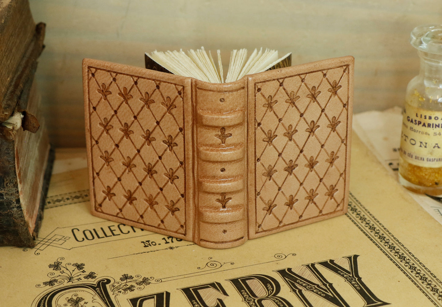 Miniature leather journal, Natural leather, tooled decoration