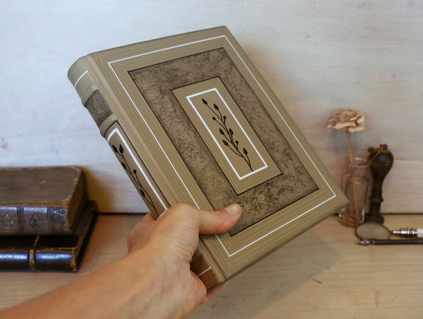 Beige leather journal with tooled floral decoration. Echoes of Earth. One of a kind.