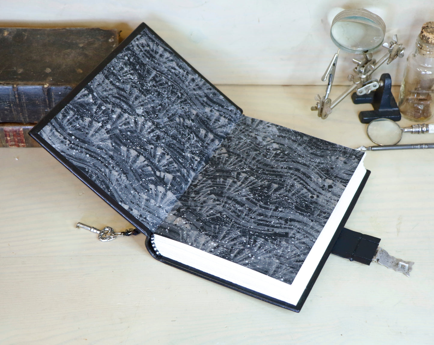 Journal with Lock and Key, Black Leather, Medium Size - "The Silver Cipher"