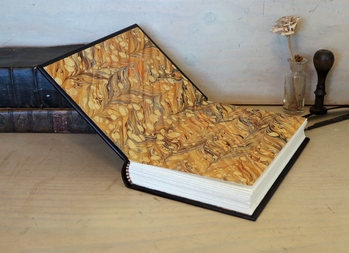 Black leather journal with tooled and hand painted decoration. Artist paper. Verdigris Dreams